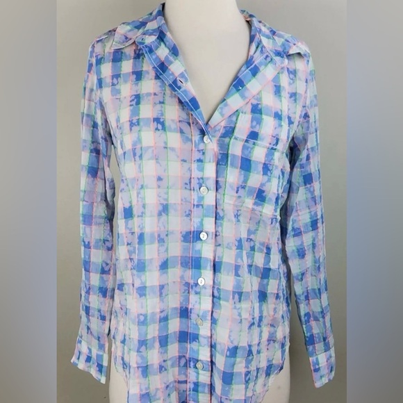 Anthropologie Pilcro Letterpress Cate Blue Neon Tie-Dye Plaid Button-Down Shirt - Picture 6 of 9